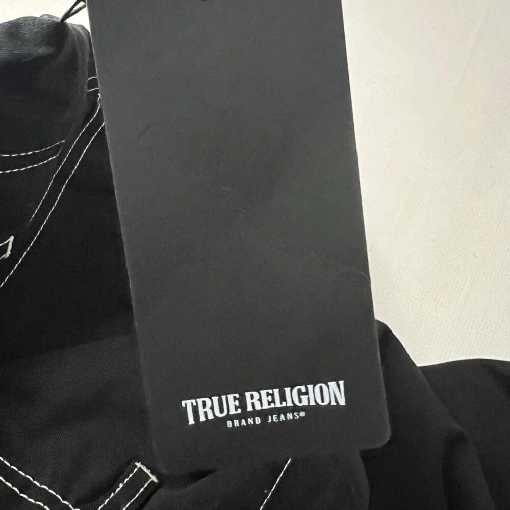 True Religion Cargo Pants Mens 36‎ Jet Black White Contrast Stitch 108335
